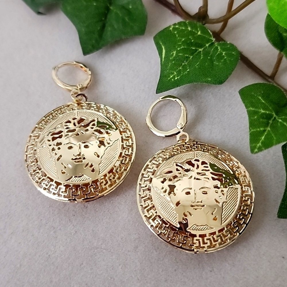 Gold Filled Medusa Head with Greek Key Design Disc Huggie Hoop Earrings